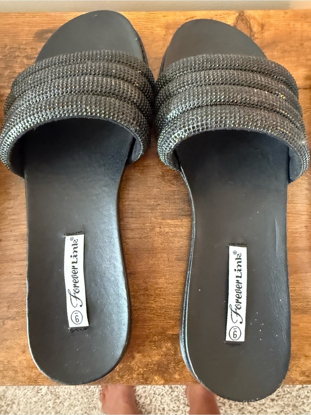 Forever Link Black Slide Sandals with Beaded Strap